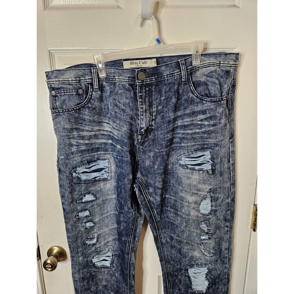 Mens Blue Cult  Denim Stretch Jeans Embroidered Distressed Straight Leg  42x33 - Picture 2 of 9